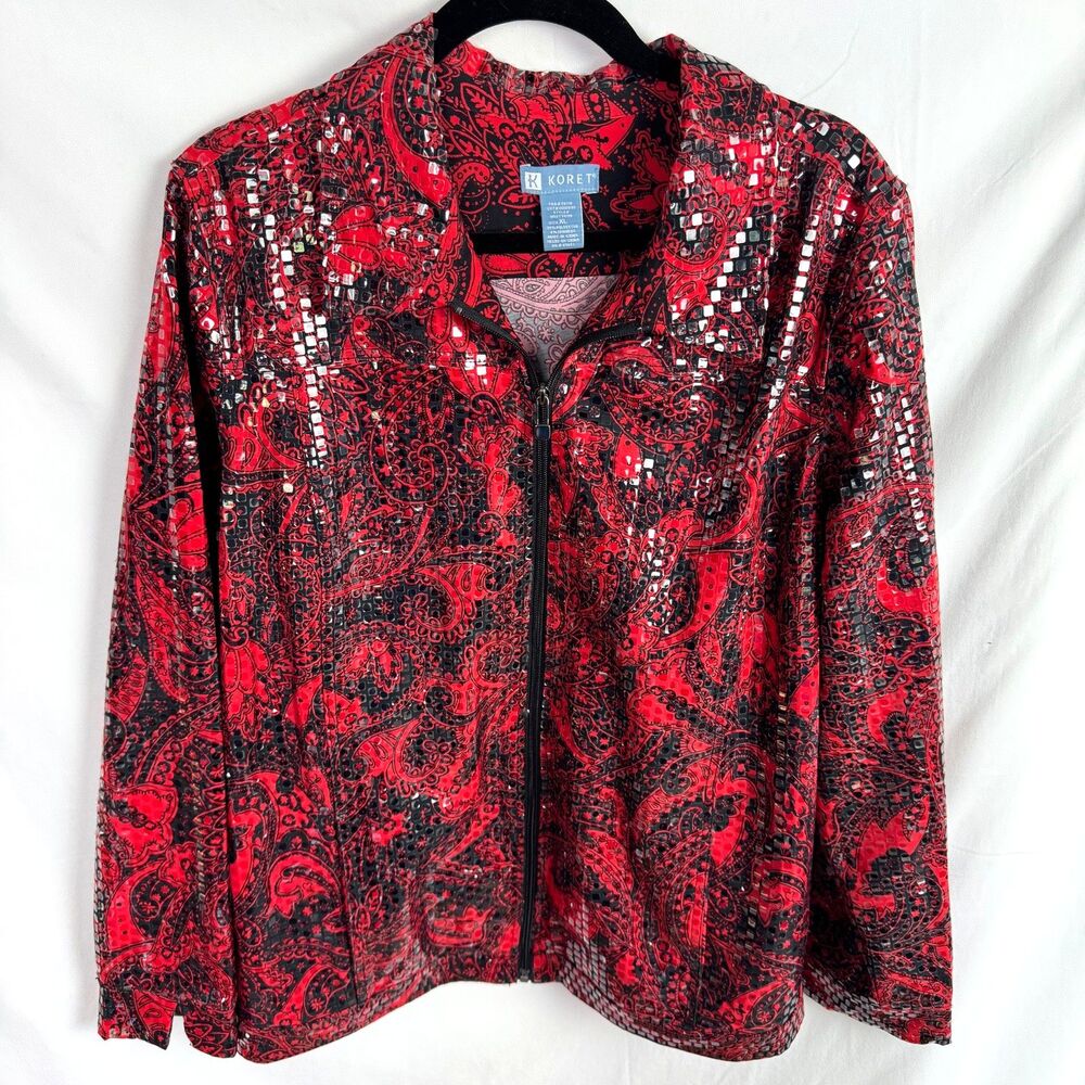 Koret Women's Jacket Size XL Red/Black Zip Front Clear Sequins